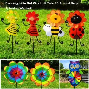 NEWTAP Cute Dancing Little Girl Windmill Colorful Multistyles Yard Art Cartoon Owl Windmill 3D Animal Belly Spinning Windmill Home Garden Decoration