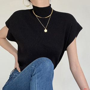 Knitted Vest Half Turtleneck Waistcoat Womens T-shirt Loose Short Short-sleeved Top Summer