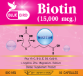 Biotin Plus 15000mcg ไบโอติน พลัส วิตามินบำรุงผม เล็บ ตรา บลูเบิร์ด 600 มก. 60 แคปซูล. 