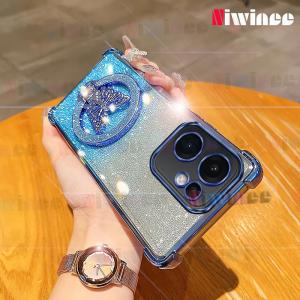 Gradient sang trọng long lanh mạ điện vỏ điện thoại cho OPPO RENO 13F/OPPO RENO 13F 5G/Oppo RENO 13F 4G với bướm Trụ giữ đèn flash đứng bảo vệ chống rơi Ốp lưng trong chống sốc nhựa TPU mềm lưng điện thoại Bìa nsf01