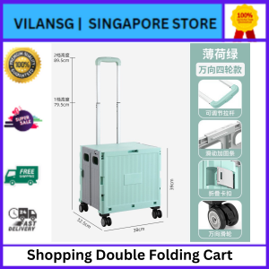 Folding Trolley Shopping Cart Double Basket 45L Plastic Grey Green Vegetable Market Design SG Stock