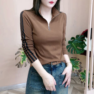 GIIKING ใหม่ซิปครึ่งคอตั้งสีทึบชั้นฐานเสื้อยืดอเนกประสงค์