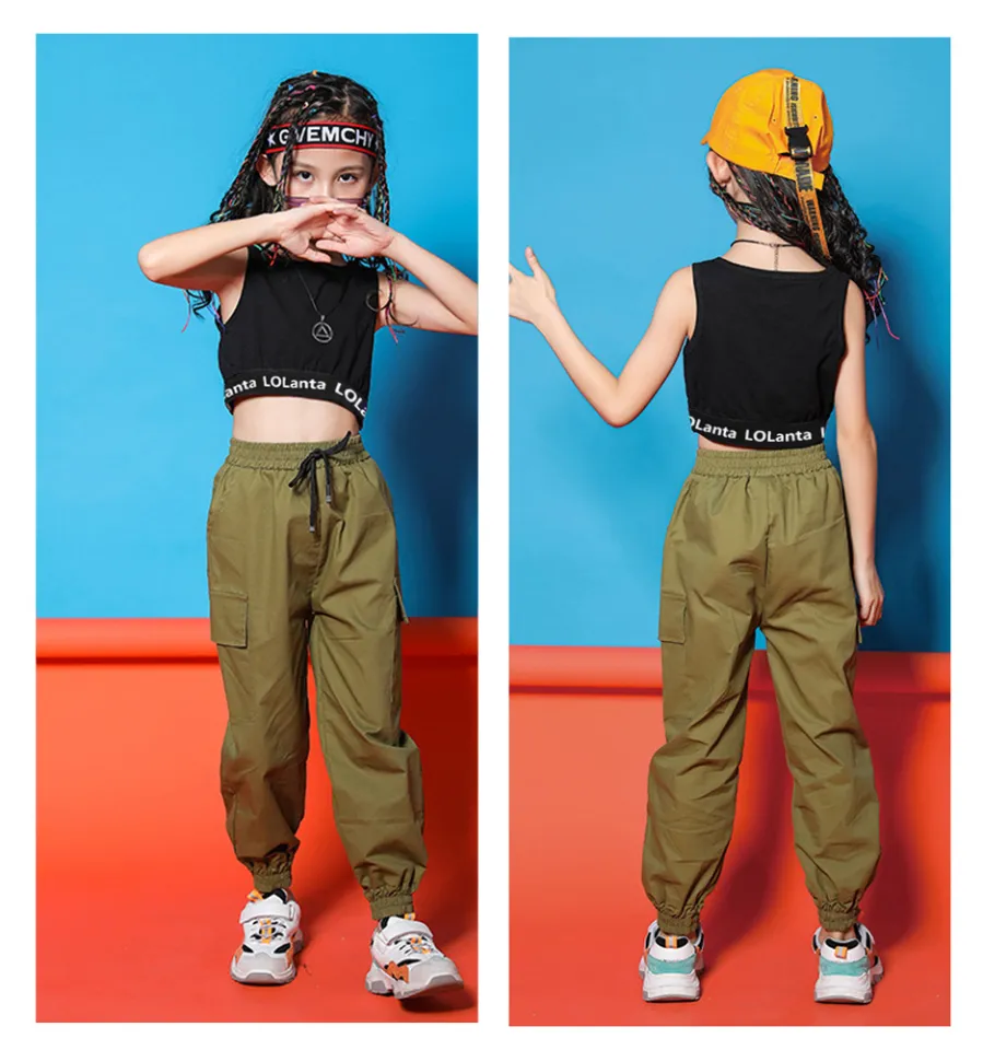 Fashion Kids Jazz Dance Costume Blue Crop Tops Cargo Pants Hiphop