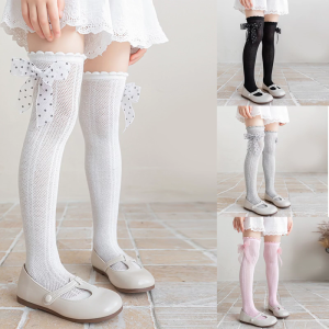 1 pair Childrens Long Tube Socks Bowknot Thin Mesh Girls Socks Over Knee Length Summer High Tube Socks