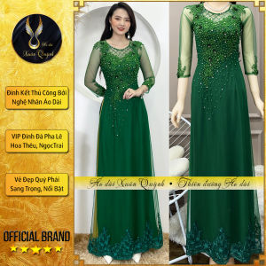 Áo Dài Dạ Hội Đính Kết Pha Lê Ngọc Trai Sang Trọng M03 Xanh Rêu - Áo Dài Xuân Quỳnh