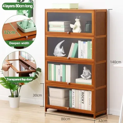 5/4/3 layer Display Cabinet Bookshelves Organizer Wood Cabinet Glass Bookshelf Organizer Flip Door Wooden Storage Rack