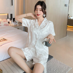 Live Pajamas Womens Spring and Autumn Ice Silk Long Sleeve Homewear Artificial Silk Korean Style Striped High-Grade Trousers Suit ㏇L0514
