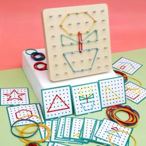 VERIDIAI Graphics Geometry Puzzle Nail Board Wooden Geometric Shape Geometry Educational Toy Pegboard Puzzle Game Shape Cognition Math Montessori Toy Thinking Training