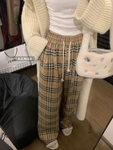 สูงบวกกางเกงขายาว วินเทจลายสก๊อตสบาย ๆ ใหม่ร้อยแฟชั่นขากว้างกางเกงขายาว