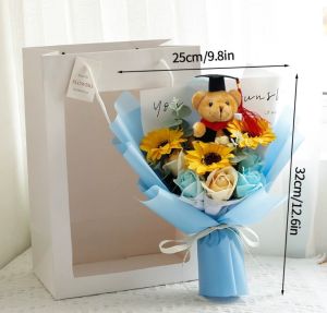 Artificial Flower Bouquet / Crochet Flower Bouquet With Graduation Bear Handmade Knitted Flower Artificial Bouquet Birthday Graduation Celebration Bouquet