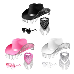 Cowboy Cowgirl Hat for Female Men Western Top Hat Kerchief Scarf Heart Sunglasses Bachelorette Party Costume Accessories