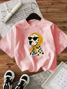 Front Printed Sunglasses Yellow Headscarf Polka Dot Dog Cartoon Pattern Round Neck Casual Sports T-Shirt WomenS Short Sleeve Spring Summer
