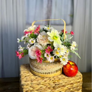 Hoa Giả Giỏ Hoa Lụa Giả Mây Đan Trang Trí Nhà Cửa Văn Phòng Làm Đạo Cụ Chụp Ảnh- (Mẫu 5-Dáng Tròn Tông Trắng Pastel)