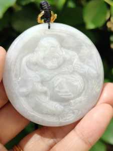 Natural Jadeite Jade Laughing Buddha Pendant with Certificate – Light Green & Lavender Hue (Sku: pendant453)