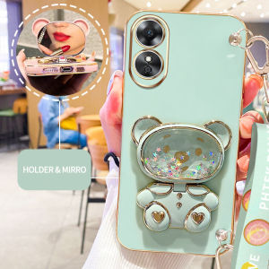 YBD Phone Case with Makeup Mirror for OPPO A17 A17K Reno 8T 4G 5G A78 A1 Pro A1 5G 2023 Electroplated Quicksand Love Bear Bracket with Long lanyard (can be cross slung)