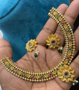 Indian Jewellery Antique Kempu Flower Necklace Set (WJ-159)