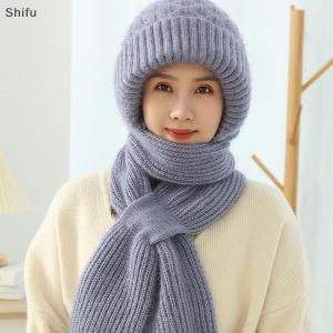 [ShiFu] Fashion Winter Women Novelty Hat And Scarf In One Piece Knited Caps Warm Casual Hat Scarf Set Women Caps Warmer Cycling Hat