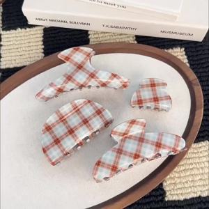 2026 Hot Sale [ Shipped from China ] New brown and blue checkered pattern PVC Vintage high ponytail claw clip simple hair accessory for women B3
