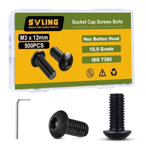 M3 x 30mm 250PCS Button Head Hex Socket Cap Screws Bolts 10.9 Grade Alloy Steel Allen Hex Drive Full Thread Black Oxide with Hex Spanner