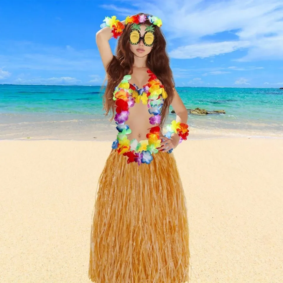 Thick Pendant Adult Women Grass Skirts Hula Skirt Hawaiian costumes Lei  Headband Garland Bra Hula Dress Skirt Hawaii Decoration