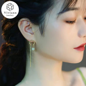 Viviann Original Hetian Jade Earrings Tassel Earrings 18k Gold Vintage Jewelry Gold-Plated Tassel Retro Drop Earrings Ear Jewelry Earrings For Women Tassel Long Ear Line Earring
