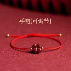 Natural Cinnabar Four-leaf Clover Red String Bracelet for Women and Men Fine Handmade Clover Bracelet for the Year of the Zodiac Natural Vermilion Four-leaf Clover Red Rope Bracelet Womens and Mens Thin Bracelet This Year Hand-woven Grass