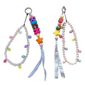 Colorful Acrylic Letter Bead Cellphone Lanyard Imitation Pearls Beaded Phone Chain Handmade Keychain Accessories
