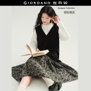 GIORDANO Women Dresses Fake Two-Piece Spliced Floral Jacquard Vest Dresses A-Line Fashionable Casual Midi Dresses 18466629