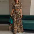 Celmia ZANZEA Women Two-piece Outfits Street Fashion Puff Sleeve Cropped Top Wide Leg Pants Leopard Print Sets #0714. 