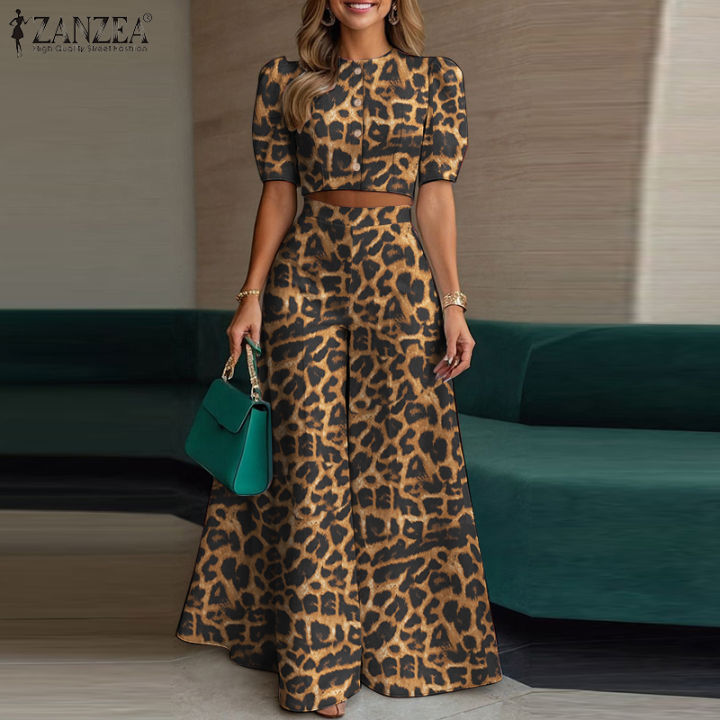 Celmia ZANZEA Women Two-piece Outfits Street Fashion Puff Sleeve Cropped Top Wide Leg Pants Leopard Print Sets #0714