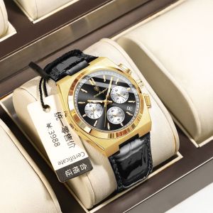Swiss certification POEDAGAR watch for men waterproof luxury multifunctional chronograph genuine leather calendar luminous ultra-thin quartz watch