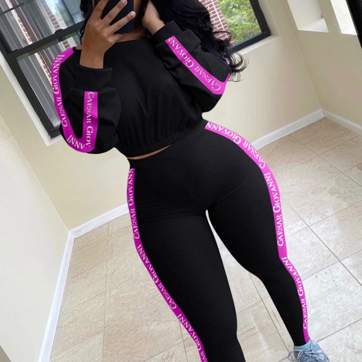 Ribbed Knitted 2 Two Piece Set Women Long Sleeve Crop Top Tracksuit ...