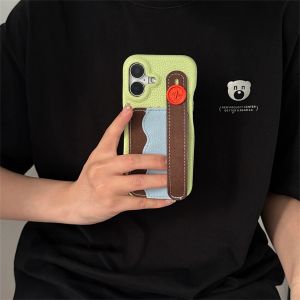Korean Luxury Candy Color Phone Case With Insert Card Portable Wrist For iPhone 16 15 14 13 Pro Max 15 14 16 13 Pro Back Cover