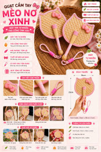 Quạt Cầm Tay Mèo Nơ Xinh - Quạt Mini Handmade Mây Tre Tự Nhiên Có Dây Đeo Quạt Vintage Quà Tặng Dễ Thương