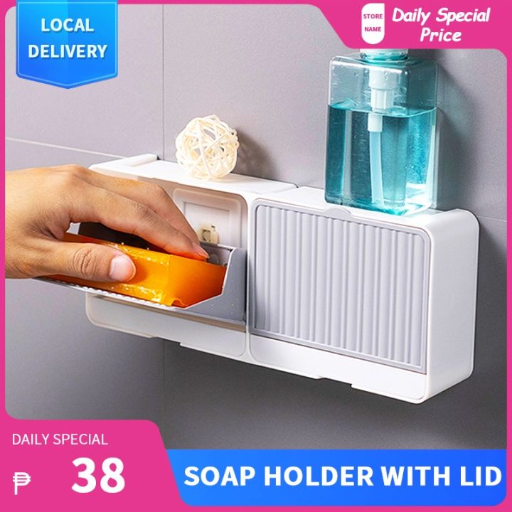 Creative Soap Holder Organizer with Drain and Cover No Drill Soaps Rack ...