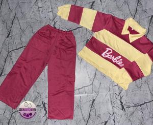 setelan salur kerah dan celana cargo anak  perempuan usia 6 tahun sampai 12 tahun motif barbie kekinian korean style