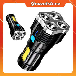 Đèn pin cầm tay 4 bóng led trắng siêu sáng 4 chế độ chiếu sáng xa nhấp nháy đèn cob vàng có dây đeo sạc usb chống nước