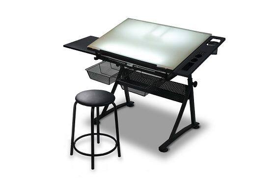 Drafting table glass top with tracing LIGHT under, stool and drawers ...