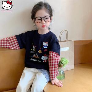 Christmas Gift Halloween Anime Girls Long Sleeved T-Shirt Hello Kitty Spring Autumn Fashion Kawaii Cartoon Childrens Base Shirt Sweet Casual Soft Tops