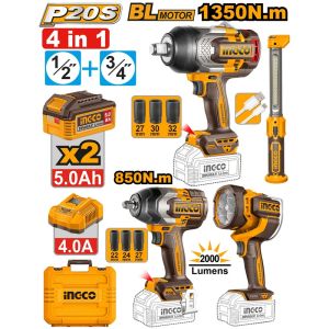 INGCO 4PCS SET 1350 & 850NM IMPACT WRENCH + 2X LED LAMPS COSLI250782