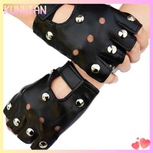 [KUNLIAN] Leather Fingerless Short Gloves Black s Stud Half Finger Mittens Fashion