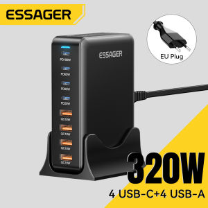 Essager 320W Super Flash Charge GaN 4A+4C Chargers QC18W USB A Type C PD100W Ultra-fast Charger For Laptop Tablet Fast Charging Charger PD65W QC4.0 PD3.1 For iPhone16 15-8 Series iPad Macbook Huawei Xiaomi Samsung Phone Super Fast Charge 4A+4C Chargers