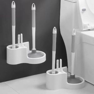 HIV00 4 in 1 Toilet Brush Holder Long Handle No Dead Angles Toilet Bowl Brush Bathroom Accessories Wall Mounted Toilet Plunger Home Toilet