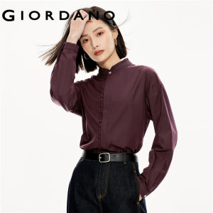 GIORDANO ผู้หญิง เสื้อเชิ้ตคอจีนทรงหลวมคล้ายผ้า Tencel แต่งระบาย แขนยาว เสื้อเชิ้ตแฟชั่นเรียบง่ายสบายๆ 18343618