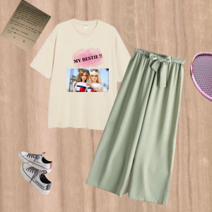 Baju Setelan Remeja Perempuan Usia Tanggung Atasan Kaos Oversize Ld 110CM Dan Celana Mint My Bestie