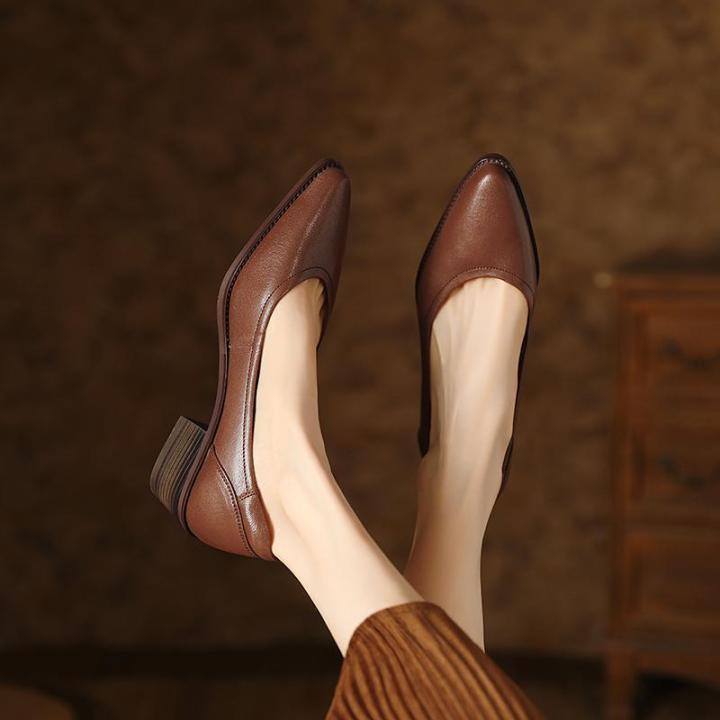 Women's High Heels 4cm High Sheepskin Pointed Toe Women's Shoes New Brown  Thick Heel Work Shoes - Main Image