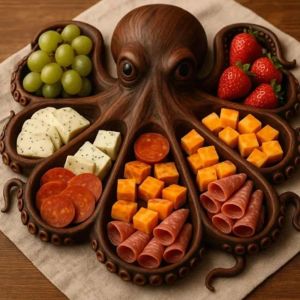 ODZ5L Wooden Octopus Serving Tray Novelty Unique Octopus Food Platter Serving Dishes Tray Decoration Octopus Charcuterie Boards for Cheese Bread
