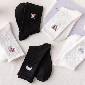 Sanrio Cinnamoroll Mymelody Kuromi Womens Embroidered Socks Solid Color Cotton Socks Black and White Stockings