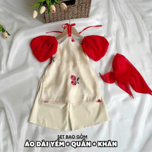 AD22 Áo dài cách tân yếm tơ ánh thêu RIOKIDS cho bé gái đi chơi du xuân Lễ Tết