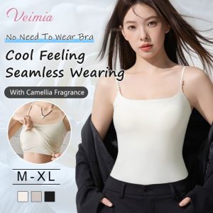 【OFFICIAL】Veimia Camellia Scented Cooling Camisole Bra-free Camisole With Built-in Bra Pads And Fragrance 10A Anti-bacterial Cooling Camisole Tank Top Skin-friendly Thin Pearl-embellished Camisole